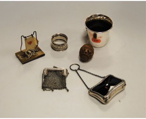 A small collection of miscellaneous items to include a George V ladies silver and tortoiseshell purse, having silk partitione