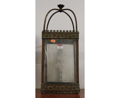 A circa 1900 brass hall ceiling light fitting, having floral embossed decoration, with four etched glass panels, h.50cm