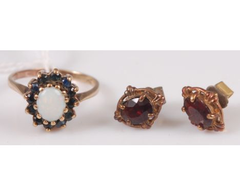 A ladies 9ct gold opal and blue sapphire set cluster ring, size N, together with a pair of gilt metal and garnet set ear stud