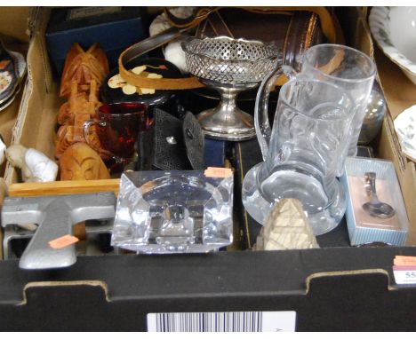 A box of miscellaneous items, to include boxed Royal Worcester egg coddler, glass tankards, totem style carving etc