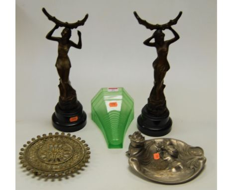 A reproduction pewter desk stand in the Art Nouveau style, relief decorated with a portrait bust of a lady with flowers, sign