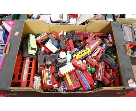 One tray of mainly public transport related diecast and plastic vehicles to include a 'Buy British Toys' London double decker