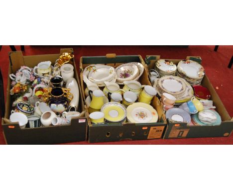 Three boxes of miscellaneous china, to include Continental teawares, Poole style pottery vase, trinket jar and cover etc