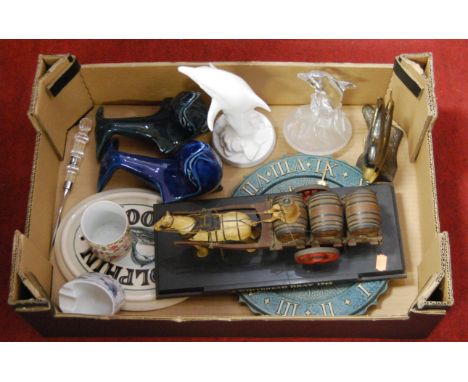 A box of miscellaneous items, to include two Bristow Potteries glazed ceramic whale figures, various dolphin figures etc