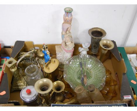 A box containing a quantity of metal ware, glassware, and ceramic figurines, to include an amber glass fruit bowl, a pair of 