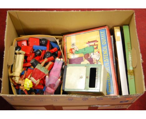 A box of miscellaneous childrens toys and games, to include Spear's complete stencil outfit, 'Baby' magic doll, Mettoy tinpla