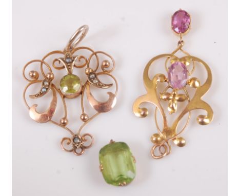 An Edwardian ladies 9ct gold green peridot and seed pearl set open work pendant, 31mm, together with one other amethyst set e