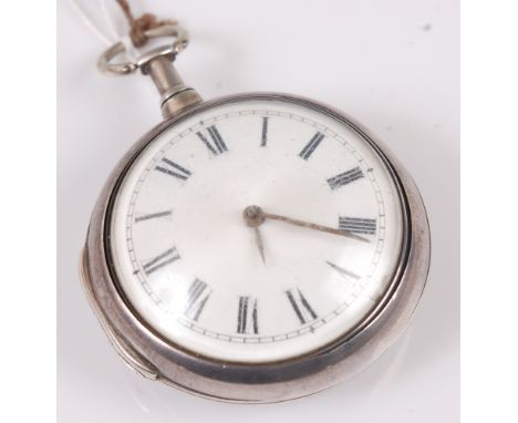A George III gents silver pair cased pocket watch, the convex white enamel dial having Roman numerals (hour hand appears redu