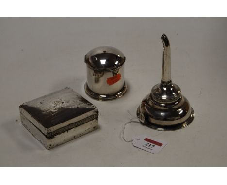 A 19th century white metal wine funnel, of two-piece construction, having removable bowl and tapering base section, the clip 