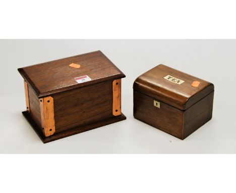An early 20th century teak and copper bound playing card box; together with a Victorian walnut dome-topped tea caddy (2)