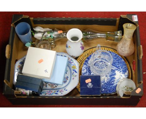 A box of miscellaneous china and glassware, to include Royal Worcester egg coddler, 19th century ironstone meat plate, straw 