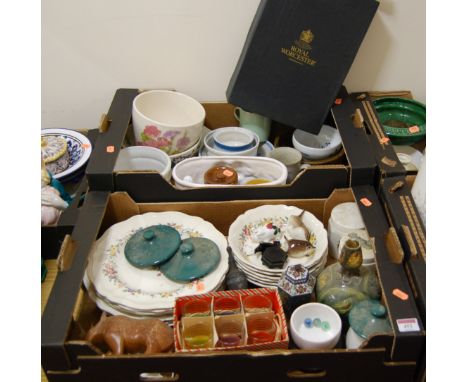 Three boxes of mixed effects, to include cloisonné lidded hexagonal jar and cover, Wemyss style miniature pig, various floral