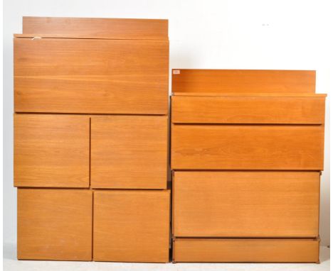 A 20th century, circa 1970's Tapley Furniture teak wood modular wall system. The system comprising open shelves, rectangular 