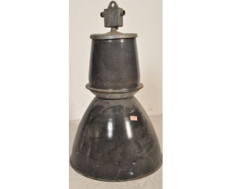 A large retro mid 20th century circa 1950s EFC industrial black enamel painted cylindrical pendant factory light / lamp shade