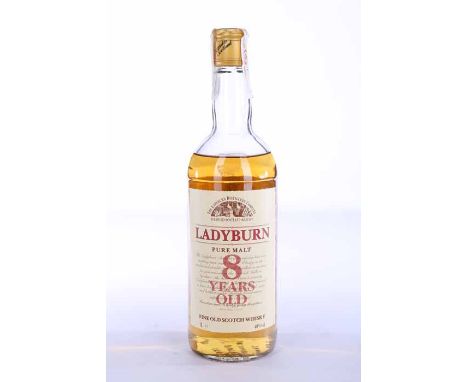 LADYBURN 8 YEARS OLD
Pure Malt Scotch Whisky. 1 L, 40% volume.  CONDITION REPORT: Fill level mid shoulder, average condition.