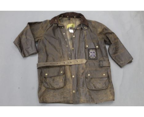 Early Barbour waxed jacket with The Vintage Motorcycle Club Lakeland Section patch stitched to the front pocket +/- Size L