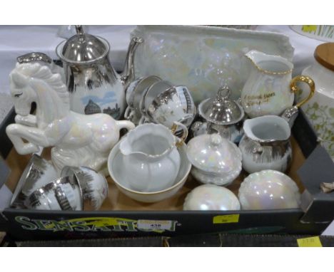 Vivarian porcelain part tea set with scenes of Pisa, lustre ware pots, horse ornament, jug etc