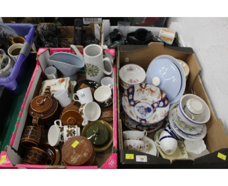 Two boxes of decorative plates, Hornsea Heirloom pattern cups and saucers, teapot, storage jar etc 