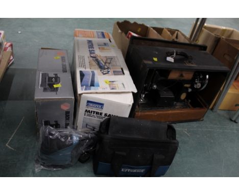 A Draper mitre saw, Black &amp; Decker sander and Erbauer sander 