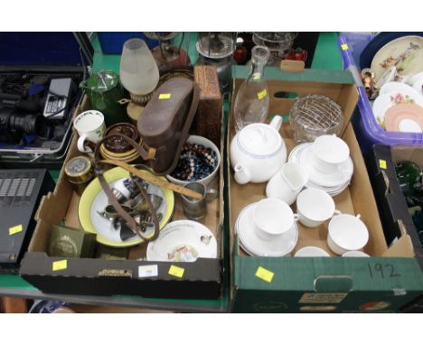 Two boxes of part tea set, decorative oil lamp, binoculars, vase, glass bowl, decorative bowls etc