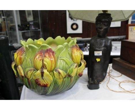 Bretby planter and a table lamp made from a carved Nigerian figure