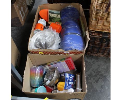 Box of camping equipment, new rucksack, two box kettle sets, plastic cups and saucers, metal plates etc 
