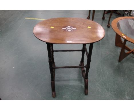 Mahogany occasional table with mother of pearl gaming counter inlaid top, height 69 cm, width 62 cm, depth 44 cm