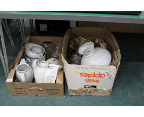 Box of part tea set and box of lamps 