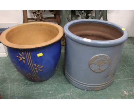 Two blue garden pots, light blue one 34 cm high diameter 38 cm