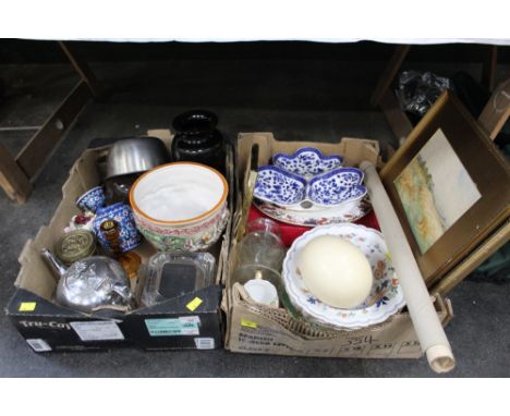 Two boxes of decorative china, plated teapot, egg, pictures etc