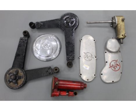 A box of vintage motorcycle parts to include Matchless motor bike engine covers, a gear lever, various other parts including 