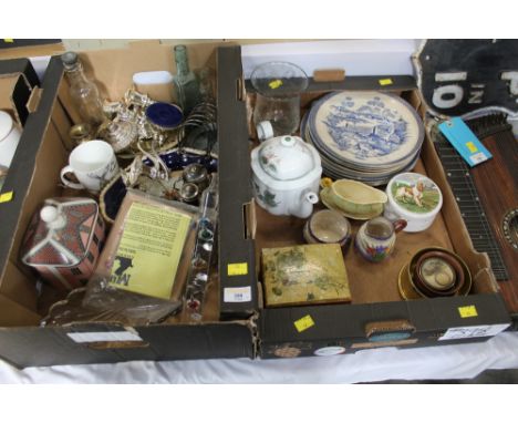 Two boxes of 19th century blue and white plates, decorative teapot, plated ware, vintage bottles, glass vase etc