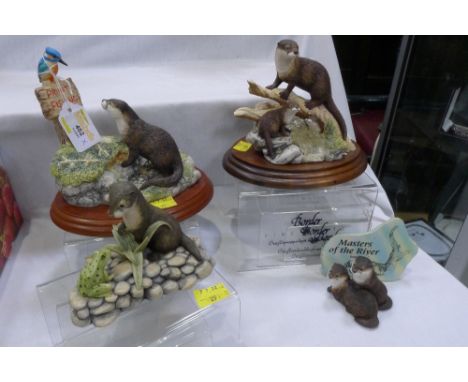 Four Border Fine Art figures of otters model No. RW30B0208 otter with frog and Border Fine Art  Society water babies model No