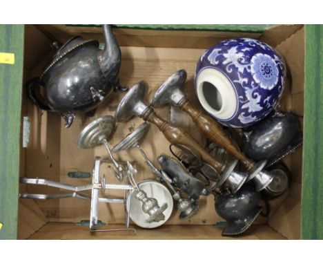 Box of silver plated teapot, candlesticks, ginger jar etc