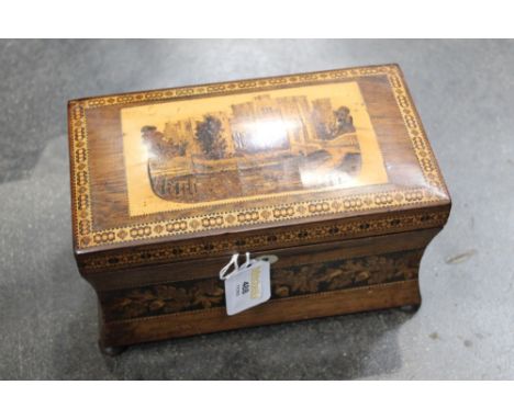 19th century Tunbridge Ware dome top tea caddy with waisted body, castle scene to the lid with two interior lidded compartmen