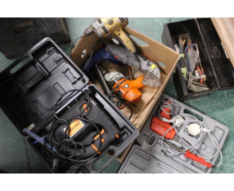 Box of vintage electric drills, sander, soldering gun etc