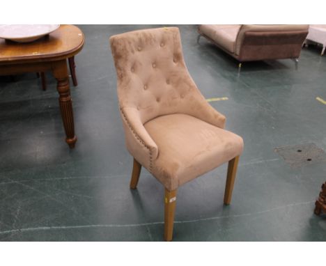 Modern deep button backed chair, upholstered in light brown with beech legs, height 94 cm, width 52 cm, depth 49 cm