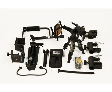 Box of mini tripods. including Manfrotto, clamps, Kenro stand