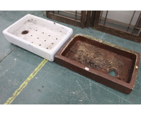 Fire clay garden trough, height 12 cm, width 76 cm, depth 46 cm and a similar white trough height 15 cm, width 70 cm, depth 4