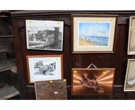 Photographic print of Workington Hall, picture of seagulls, picture of Watendlath and copper effect plaque of leopards
