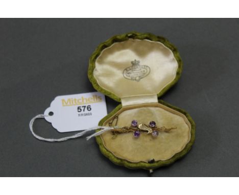 9 ct gold amethyst and seed pearl bar brooch