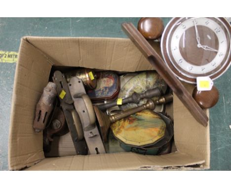 Box of brass door furniture, blowtorch, Smith's oak mantle clock etc