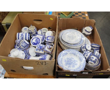 Two boxes of blue and white china, Ringtons ginger jars, Royal Doulton Old Willow pattern tea set, Victorian blue and white p