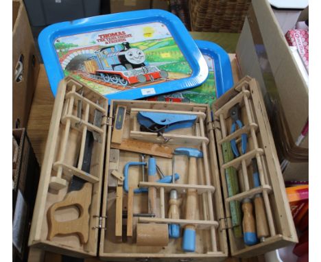 Two Thomas The Tank Engine lap trays and vintage child's wooden tool set