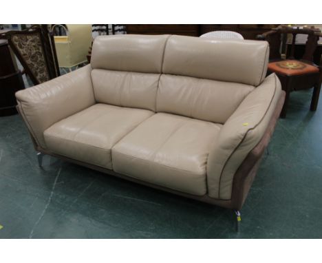 Light brown leather and suede two seater settee raised on chrome legs, height to back 87 cm, width 165 cm, depth 95 cm