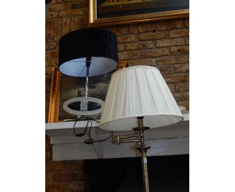 A modern designer table lamp, with oval faux velvet shade, H. 66cm, together with a modern gilt metal standard lamp. (2)