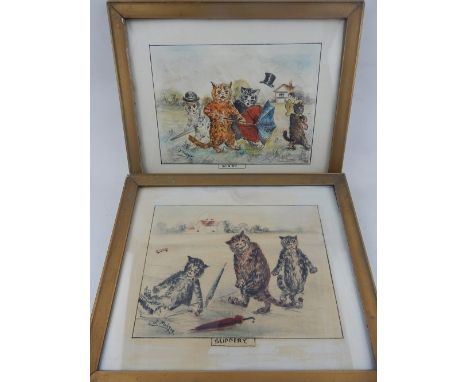 J Molton after Louis Wain, a pair of pen and watercolour sketches, "Slippery" and "Windy" 12 x 17 cms.