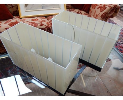 A pair of Oluce pin strip series rectangular glass and metal two light table lamps. L. 49cm