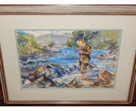 I R. Maxton (20th century school) 'Study of Boy by Cliffs' watercolour on paper, signed lower right, H. 33cm, W 49cm