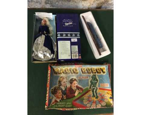 Winter Velvet Barbie doll, train model & Vintage magic robot game 